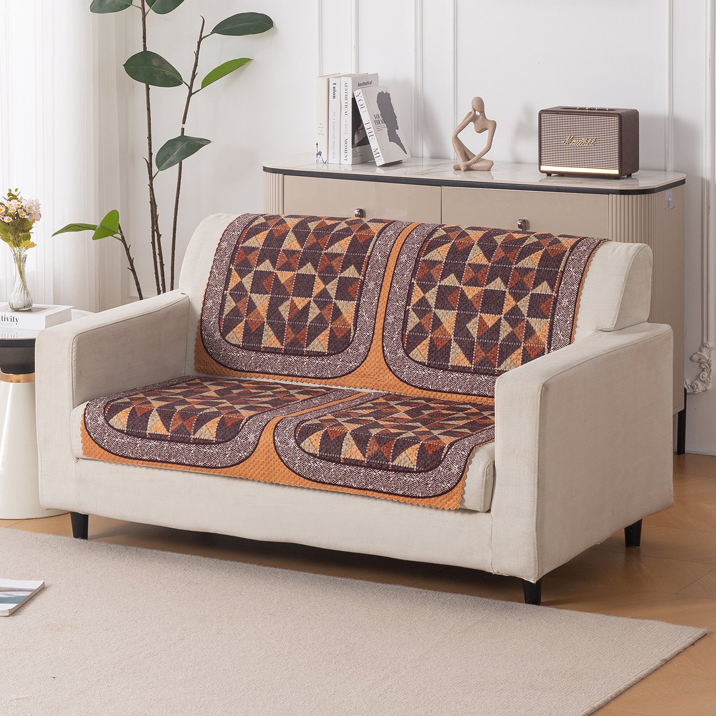 HeavenHue Fleece Soft Touch Quilted Sofa Cover Set Washable Sofa Panel for Seat & Back - Rustic Mosaic