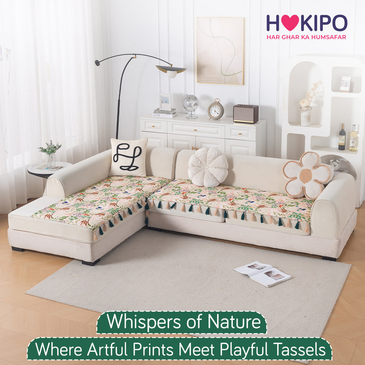 Whispers of Nature' Series Holland Velvet L Shape Sofa Cover Seat Mat with Tassels, Beige Woodland Bloom