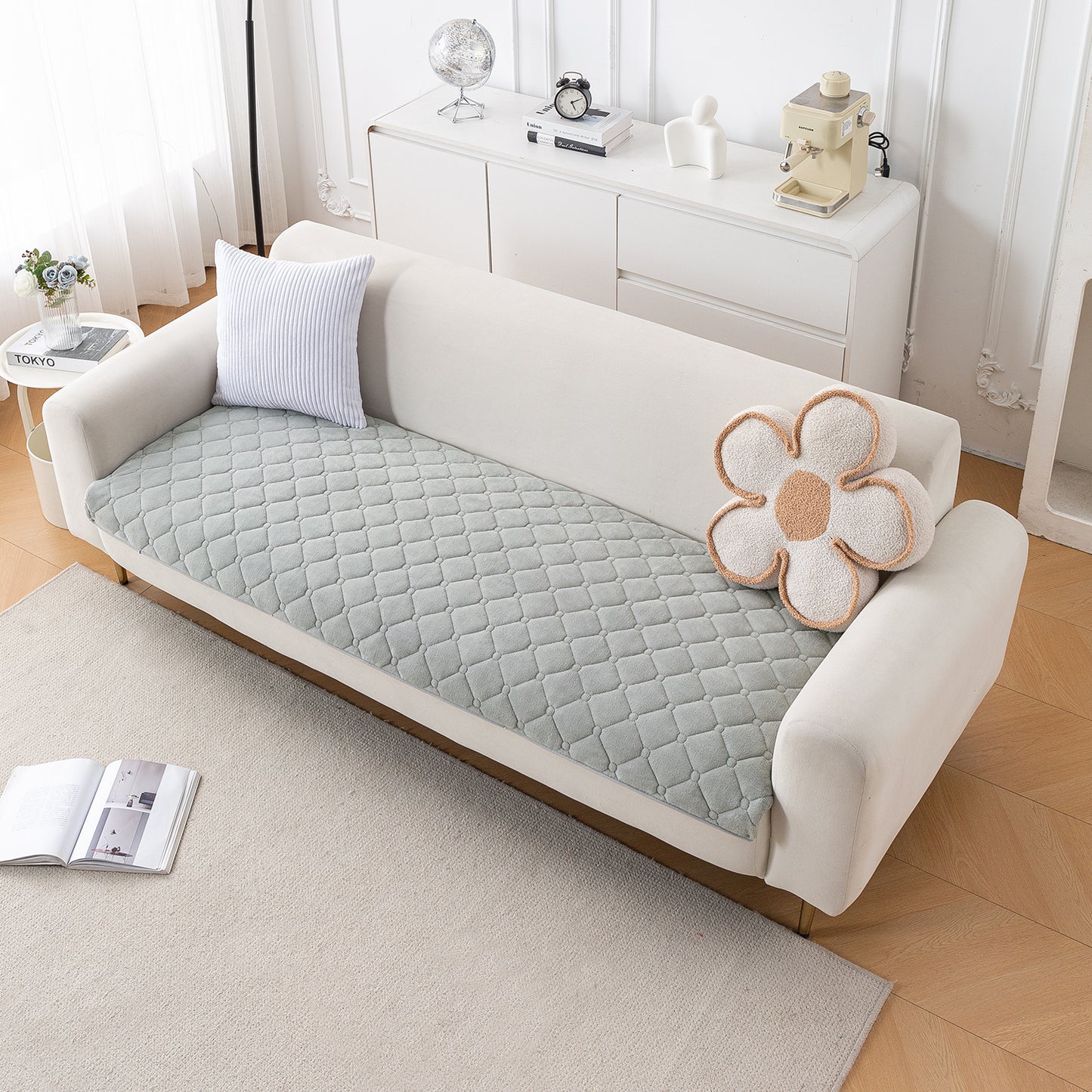 Diamond Tuft Plush Sofa Cover Mat, Mist Grey
