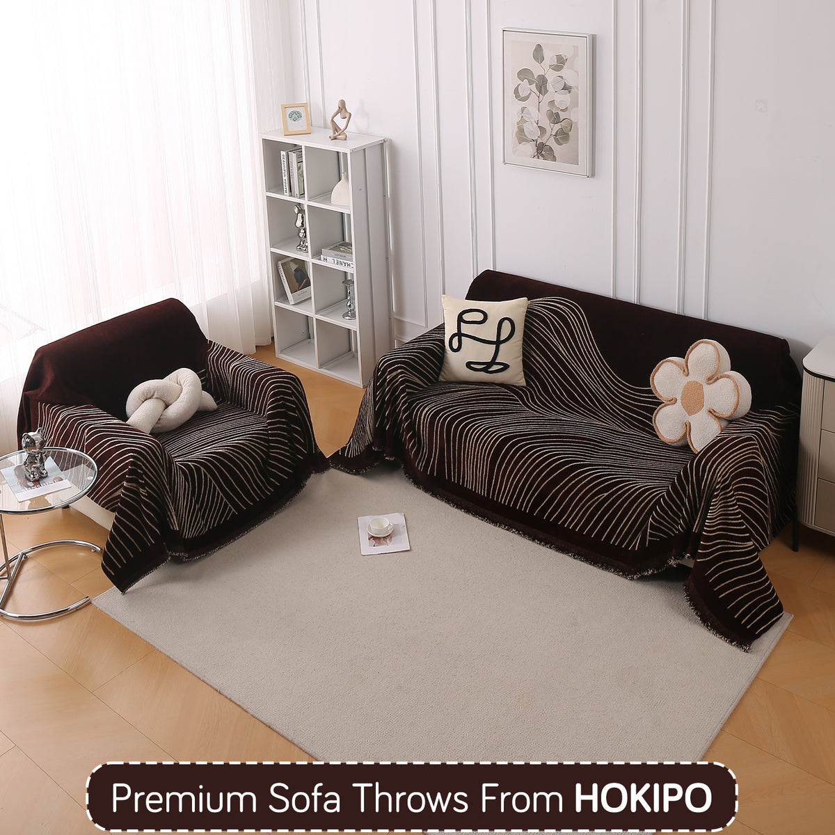 Buy Dark Coffee Colour WaveLoom Chenille Sofa Throw for 2+1 Sofa Sets | HOKIPO