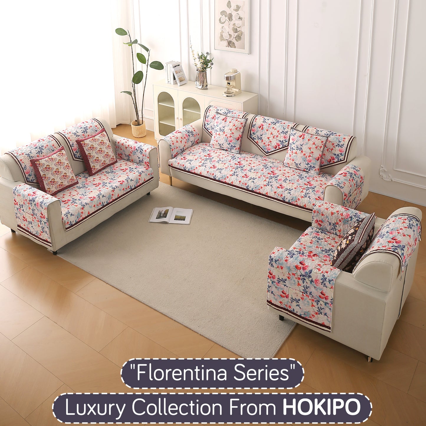 Florentina Series Printed Holland Velvet Sofa Mat - Scarlet Rose Ivory