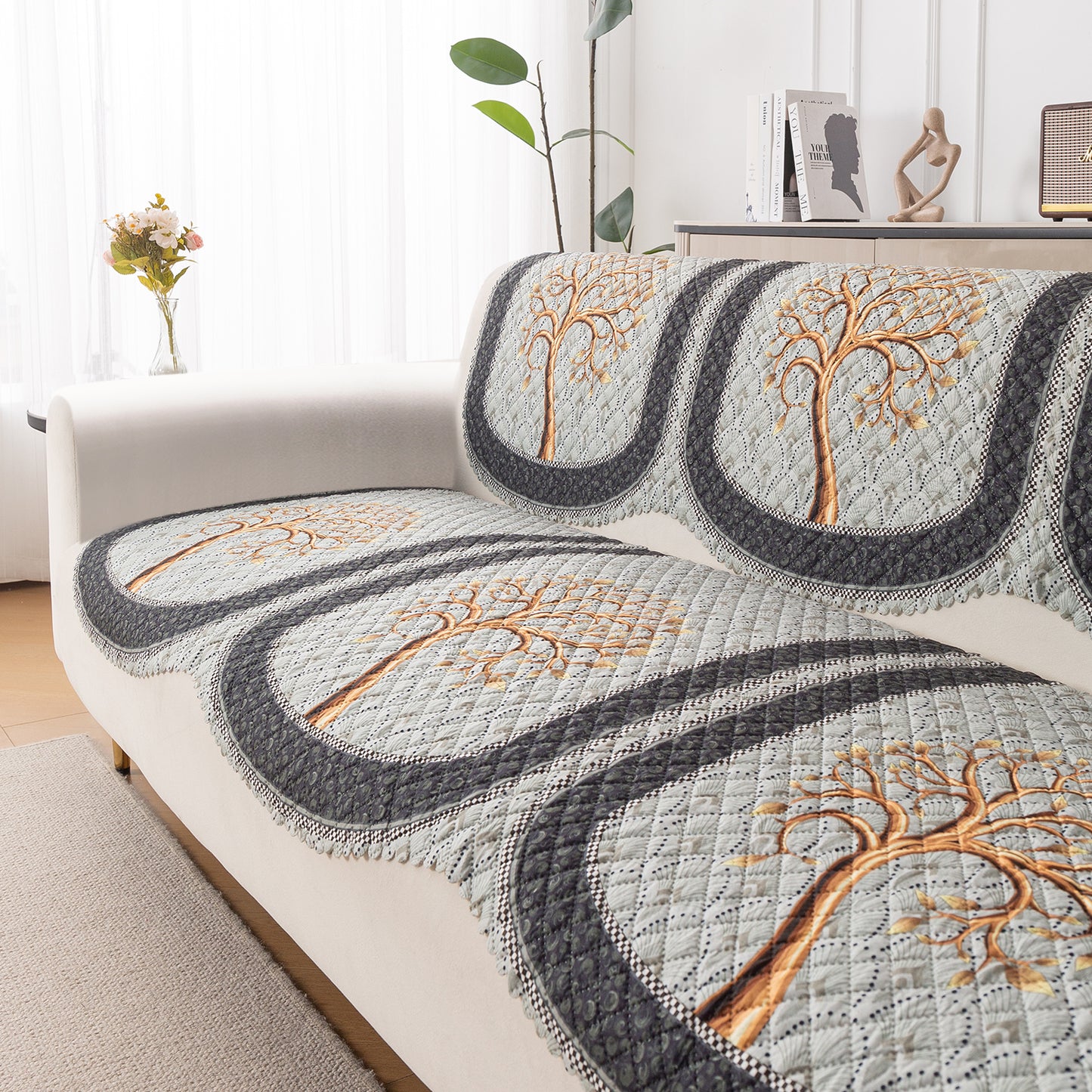 LoomVerse Quilted Sofa Cover Set Washable Sofa Panel for Seat & Back - Tranquil Tree