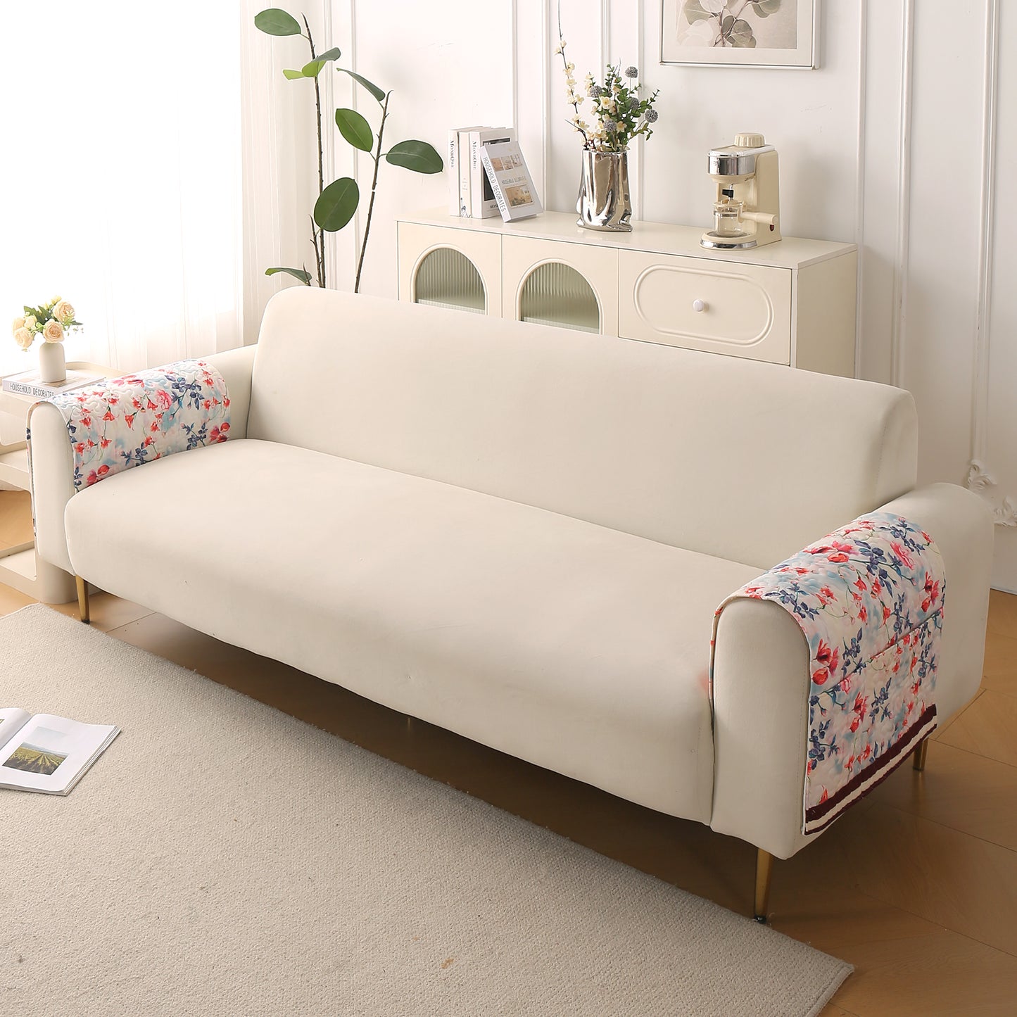 Florentina Series Printed Holland Velvet Sofa Mat - Scarlet Rose Ivory