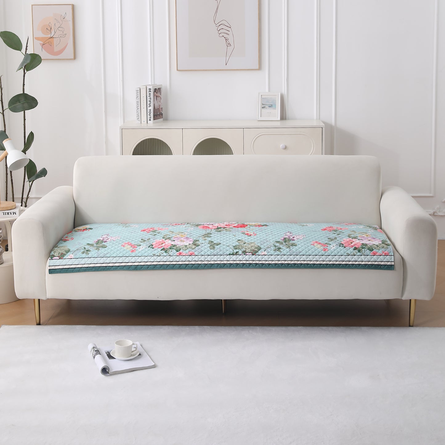 LiefNest Printed Holland Velvet Sofa Mat with Foam Filling - Fresh Floral Pastel Blue for 1/2/3 Seater & Armrest