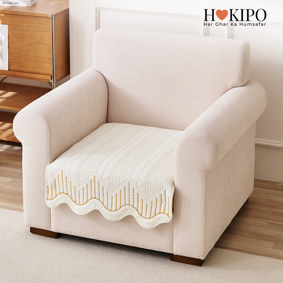 Cotton Reverie with a Curved Wavy Edge Sofa Mat, Golden Cream Bloom