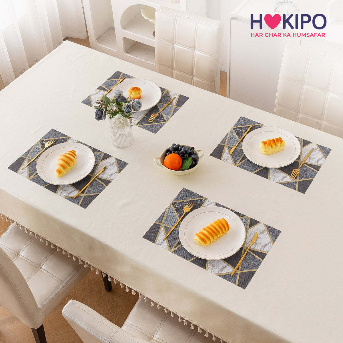 Marble Fusion PVC Mats for Dining Table, Geo Triangles - Charcoal Grey