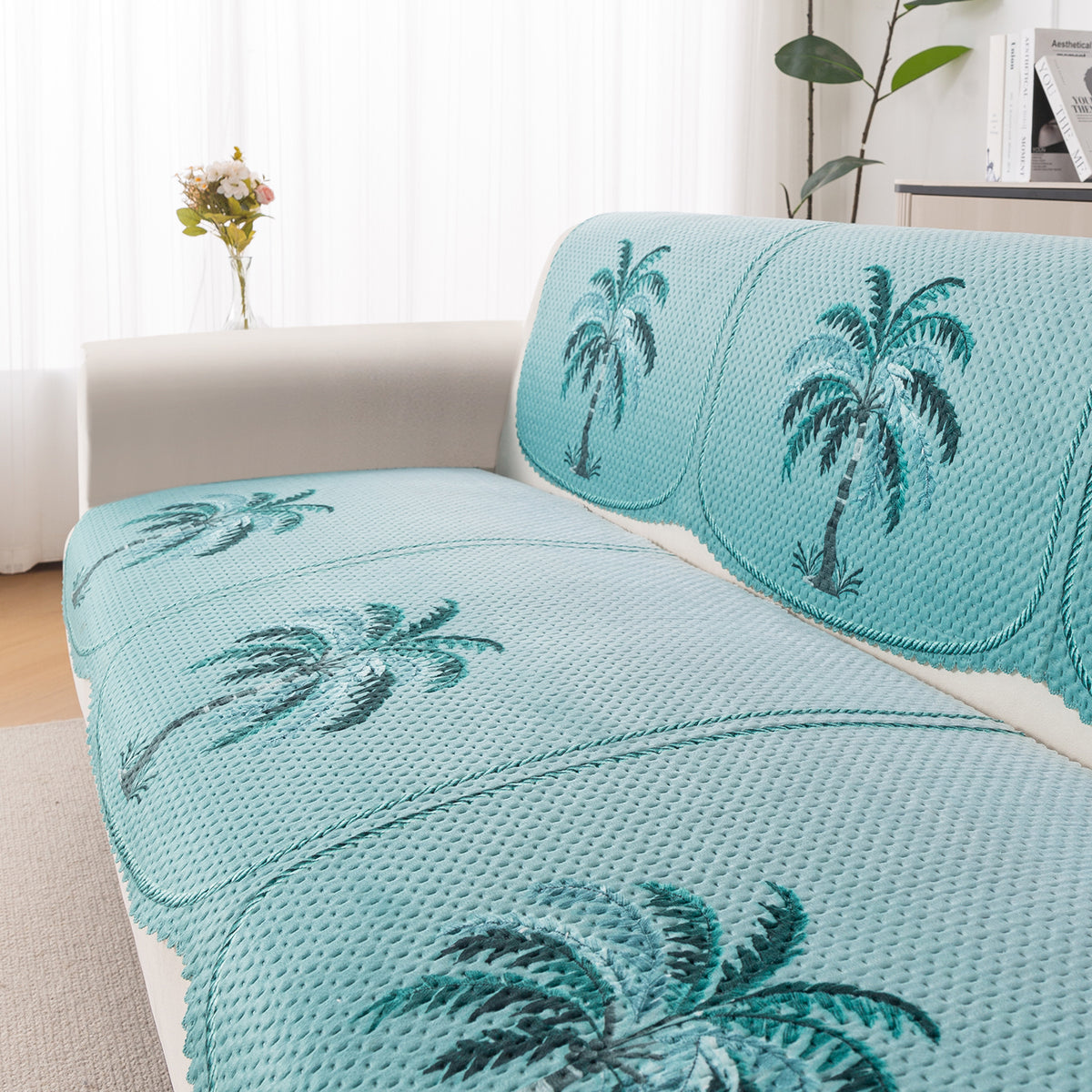 HeavenHue Fleece Soft Touch Quilted Sofa Cover Set Washable Sofa Panel for Seat & Back - Island Breeze