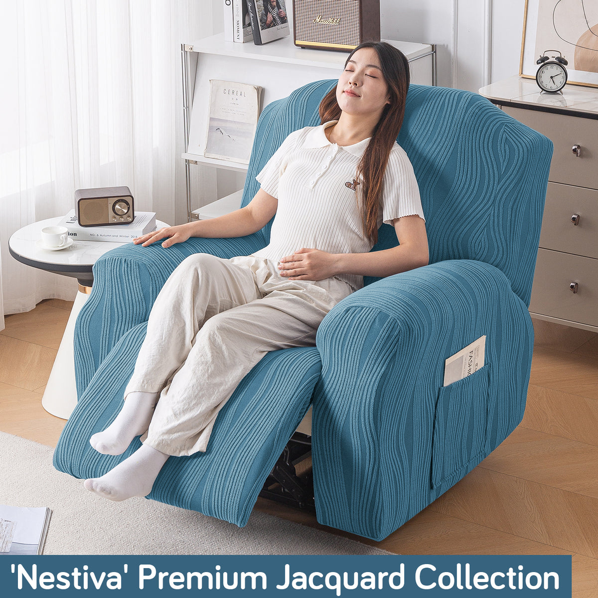 Buy Sea Blue Colour Nestiva series knitting jacquard recliner sofa cover​ - HOKIPO | Har Ghar ka Humsafar