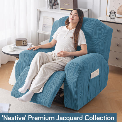 Buy Sea Blue Colour Nestiva series knitting jacquard recliner sofa cover​ - HOKIPO | Har Ghar ka Humsafar