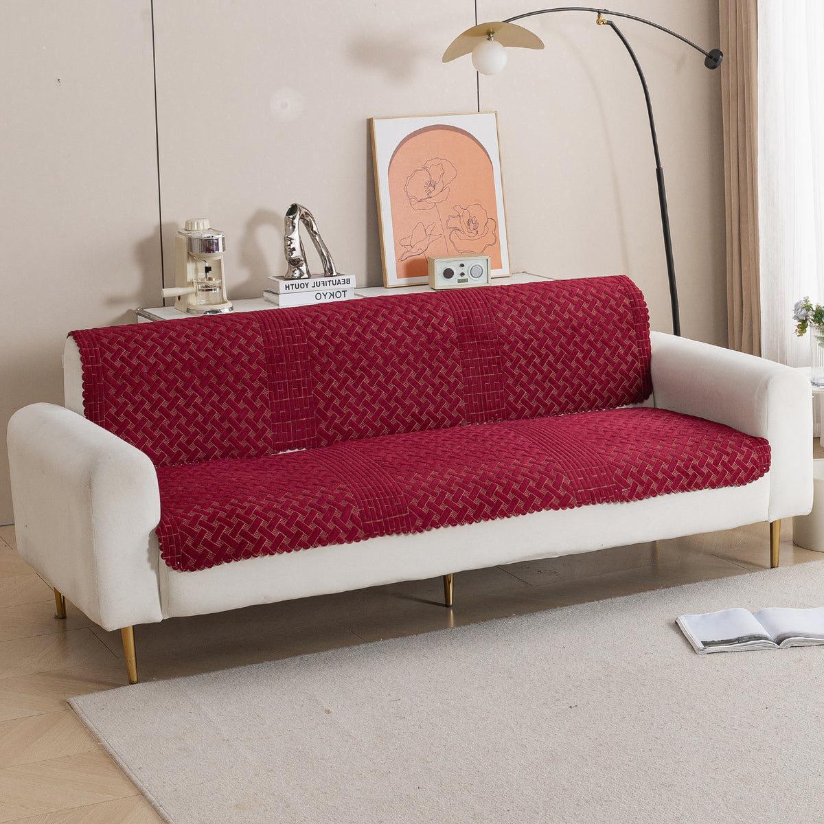 Modern Matrix 5-Seater Reversible Sofa Cover (3+1+1), Merlot Red