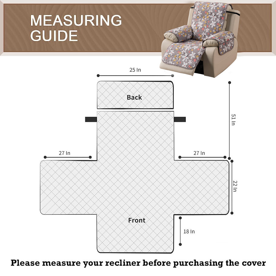 Quilted Cover for Recliner Sofa with SecureFit Belt & Side Pocket, Pastel Brown Sandwort Flower