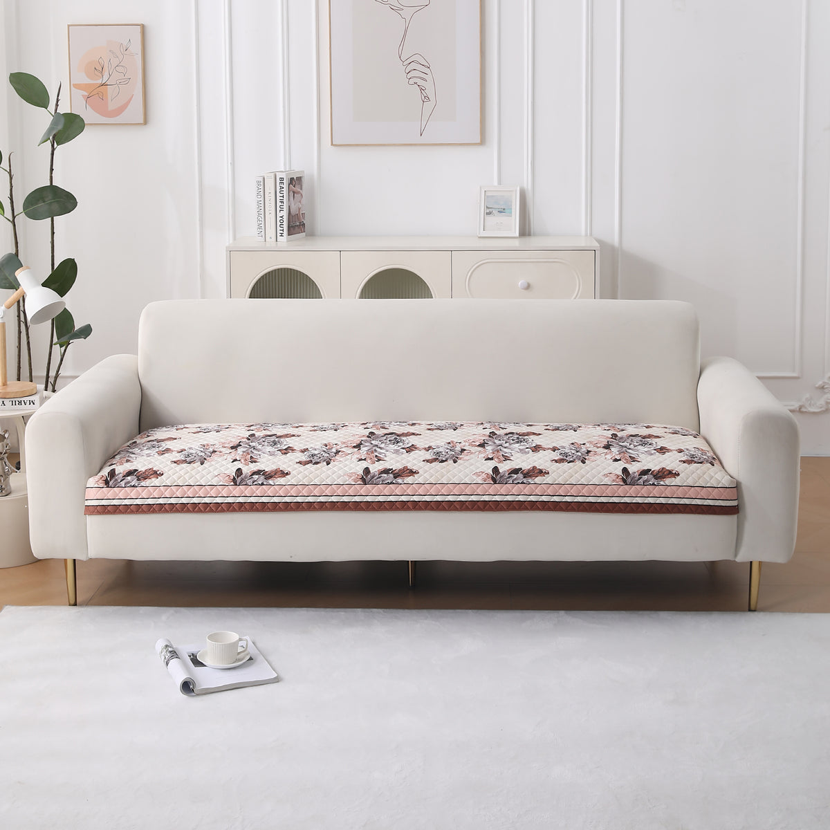 LiefNest Holland Velvet Sofa Cover Mat with Foam Filling -  Chrysanthemum Bloom Soft Beige