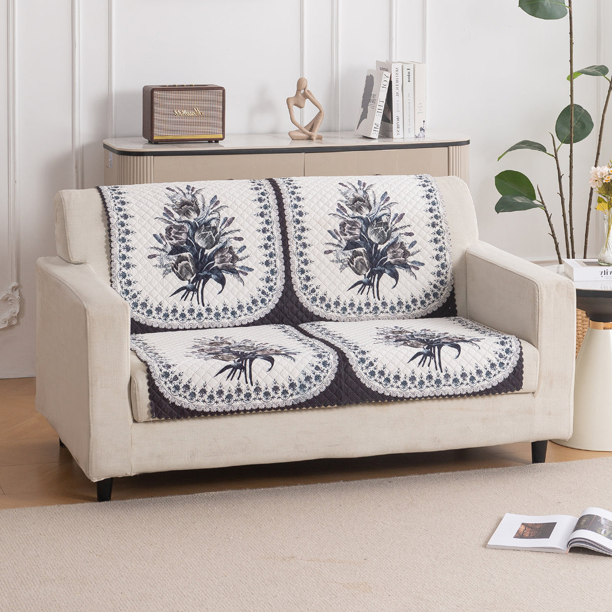 LoomVerse Quilted Sofa Cover Set Washable Sofa Panel for Seat & Back - Midnight Bloom