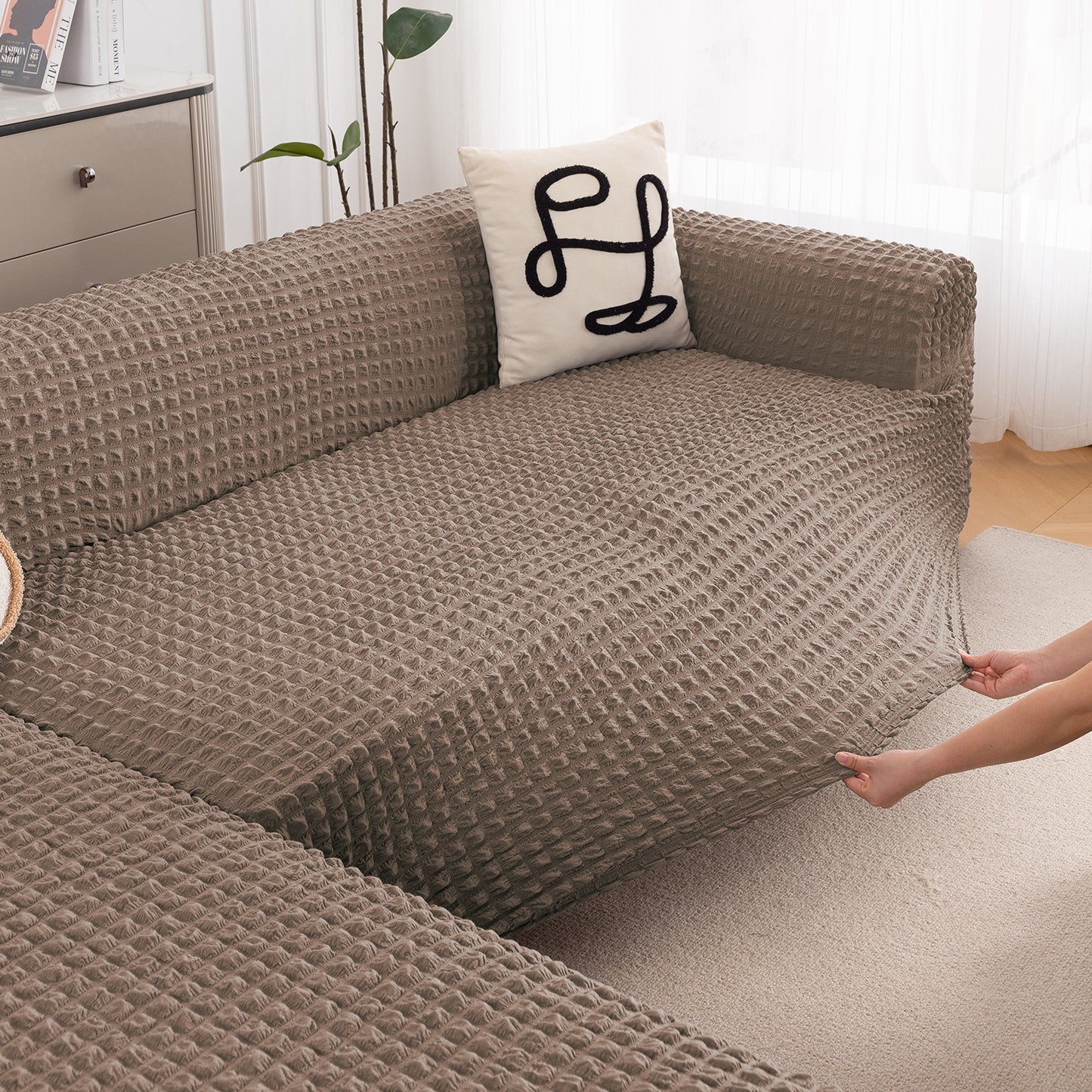 Aria Nova 280 GSM Bubble 2-Piece Stretchable L Shape Sofa Cover with Left Chaise, Mocha Brown