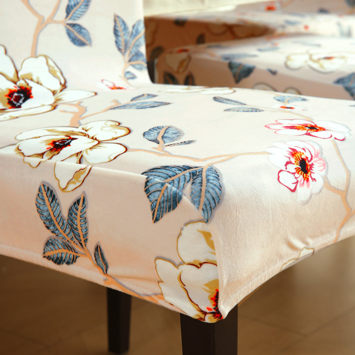 Premium Printed Velvet Dining Chair Cover Set, Buttercream Magnolia Whisper