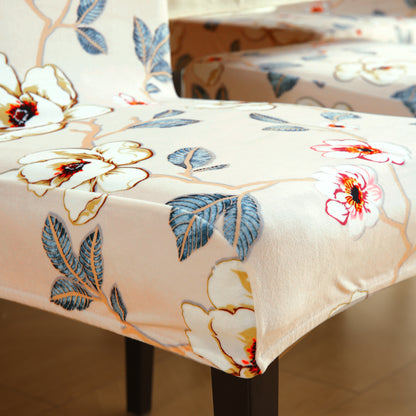 Premium Printed Velvet Dining Chair Cover Set, Buttercream Magnolia Whisper