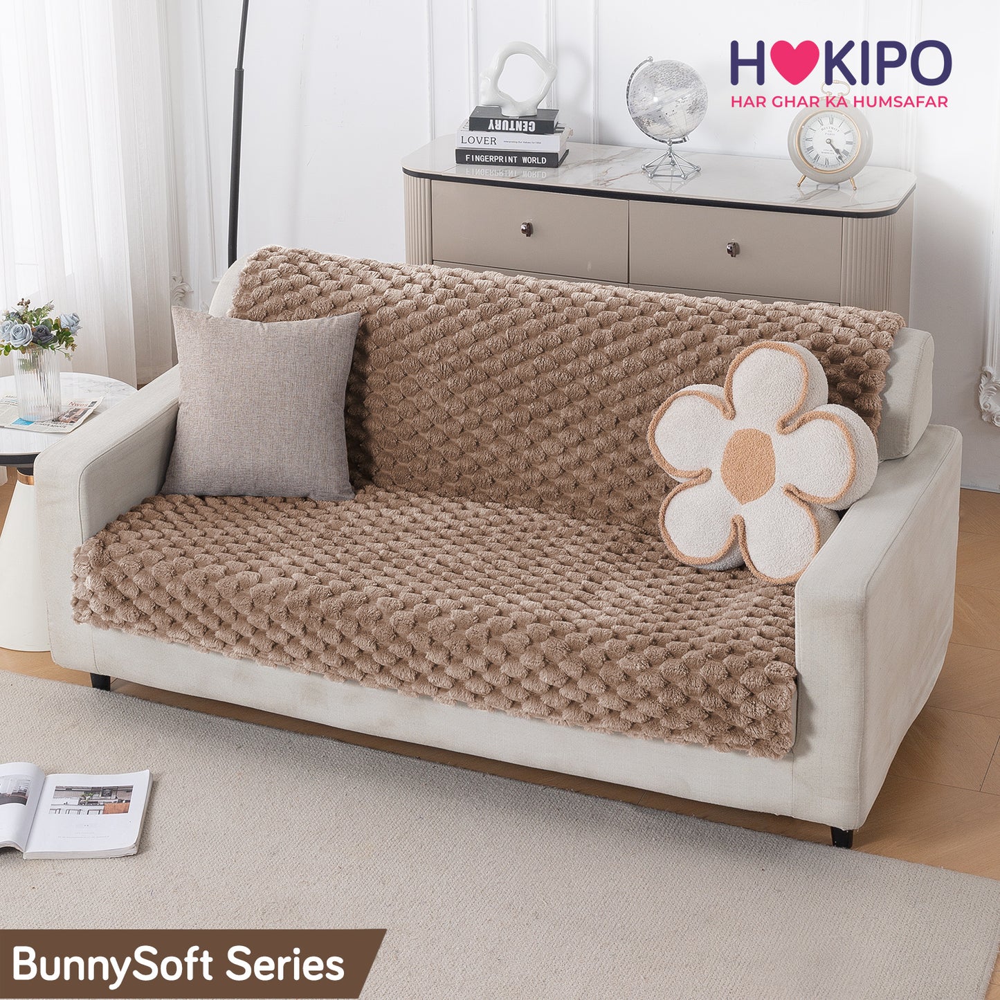 'BunnySoft Series' Plush Sofa Cover Throw for Sofa Seat & Back, Canvas Brown
