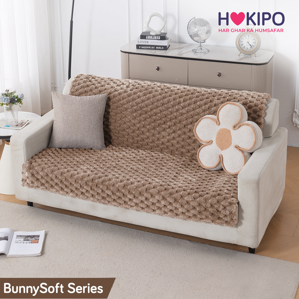 'BunnySoft Series' Plush Sofa Cover Throw for Sofa Seat & Back, Canvas Brown