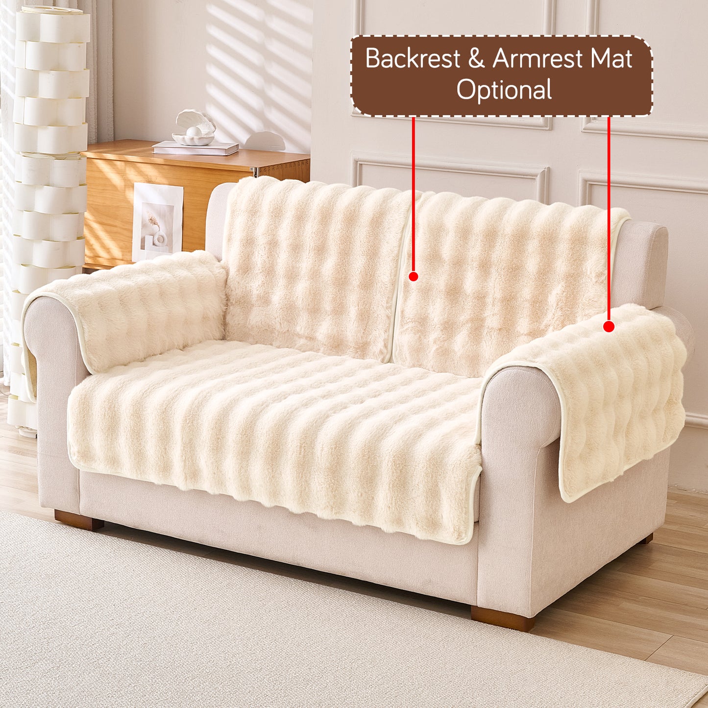 Premium Faux Rabbit Fur Anti Slip Sofa Mat for 1/2/3 Seater, Beige