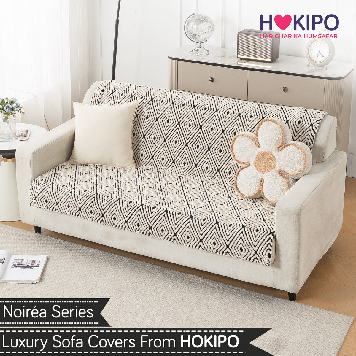 'Noirea Series' Plush Sofa Cover for Seat & Back, Geometric Diamond