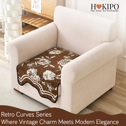 Chenille Sofa Cover Mat with Curvy Edges, 'Retro Curves Series' Sofa Mat, Walnut Brown