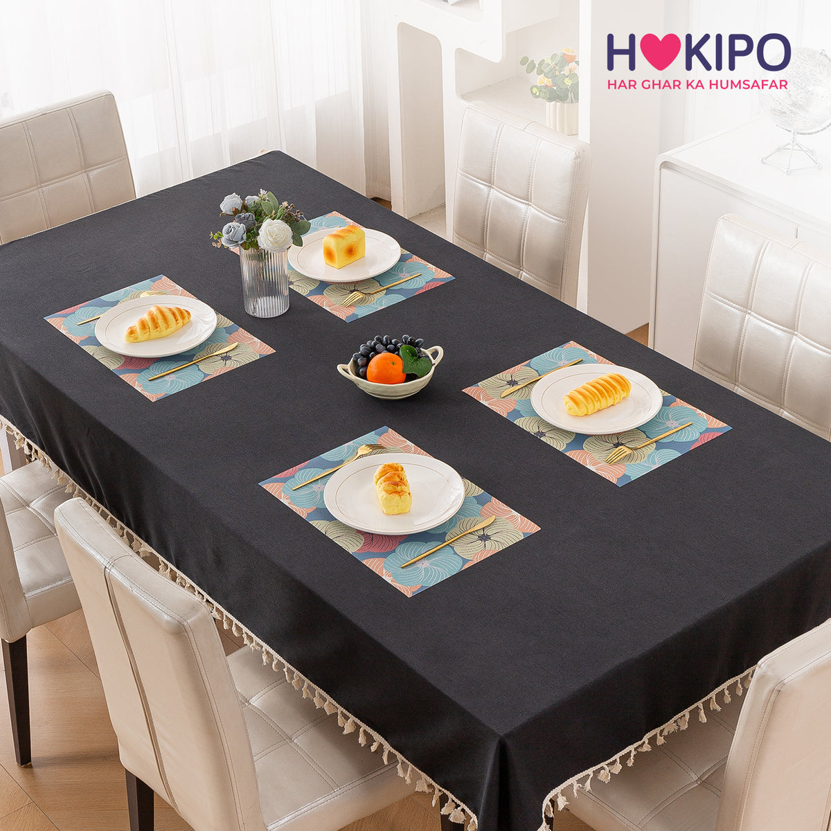 Color Splash PVC Mats for Dining Table, Floral Wheel - Teal Blue