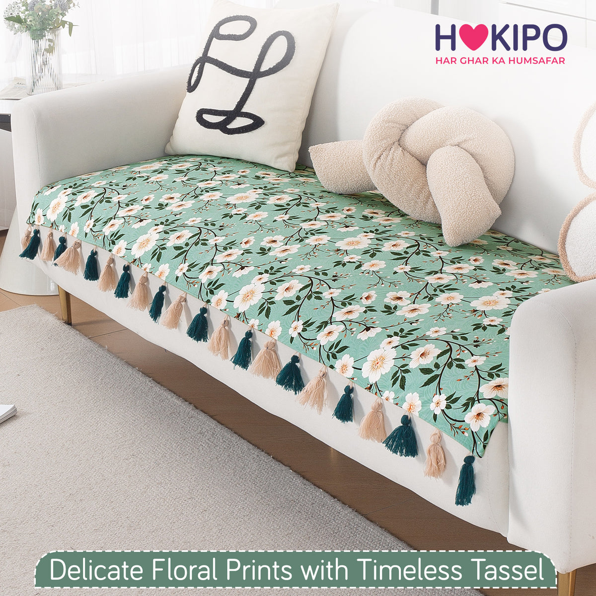 'Whispers of Nature' Series Holland Velvet Sofa Mat with Tassel, Sage Floral Vine