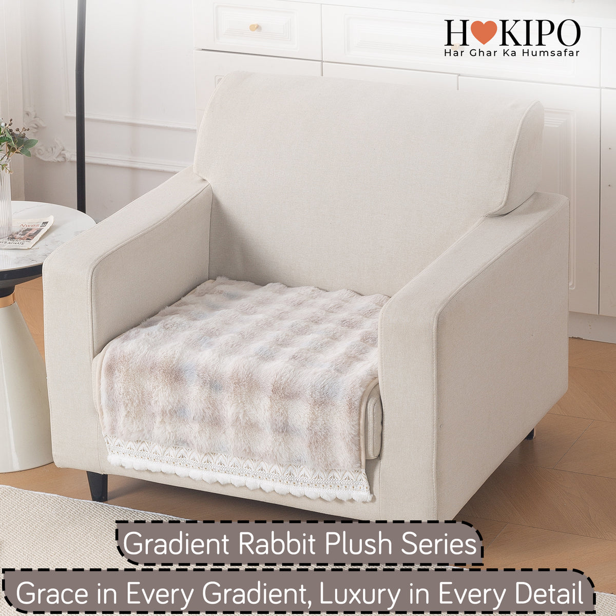 Faux Rabbit Fur Sofa Cover with Lace |Gradient Rabbit Plush, Cream