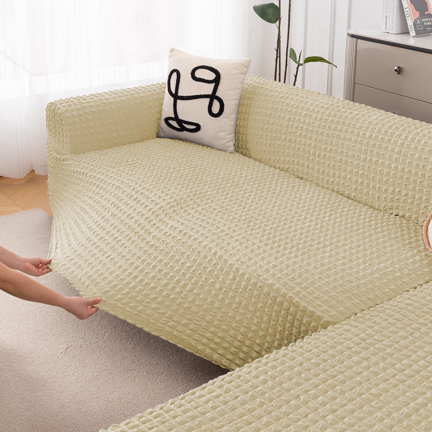 Aria Nova Bubble 2-Piece Stretchable L Shape Sofa Cover with Right Chaise, Beige