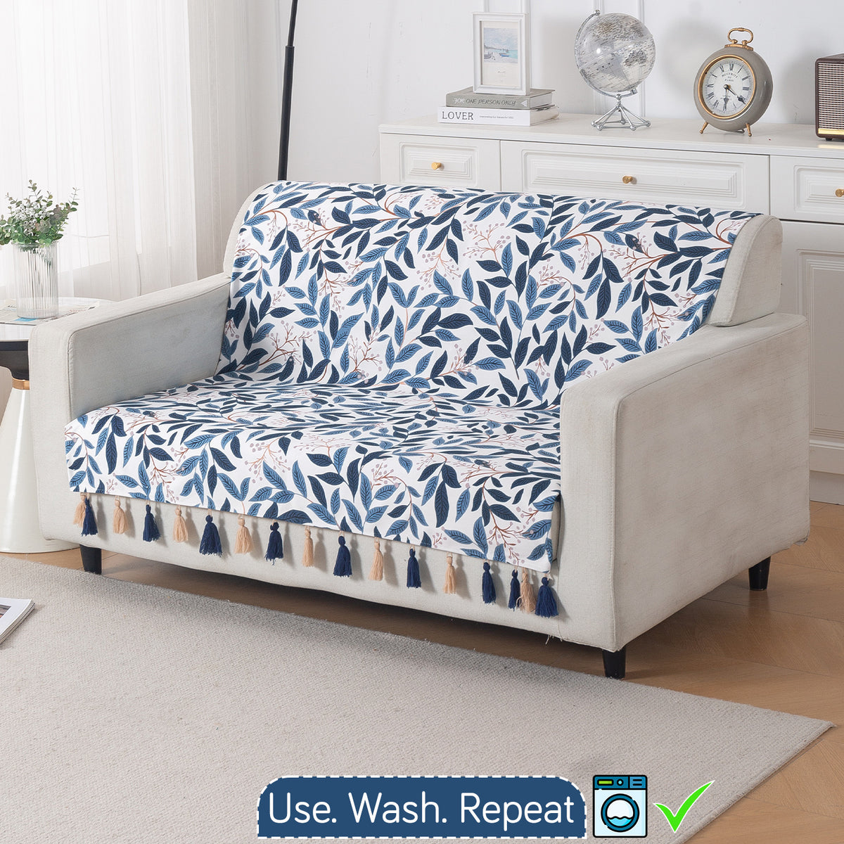 'Whispers of Nature' Series Holland Velvet Sofa Cover with Tassel, Indigo Foliage
