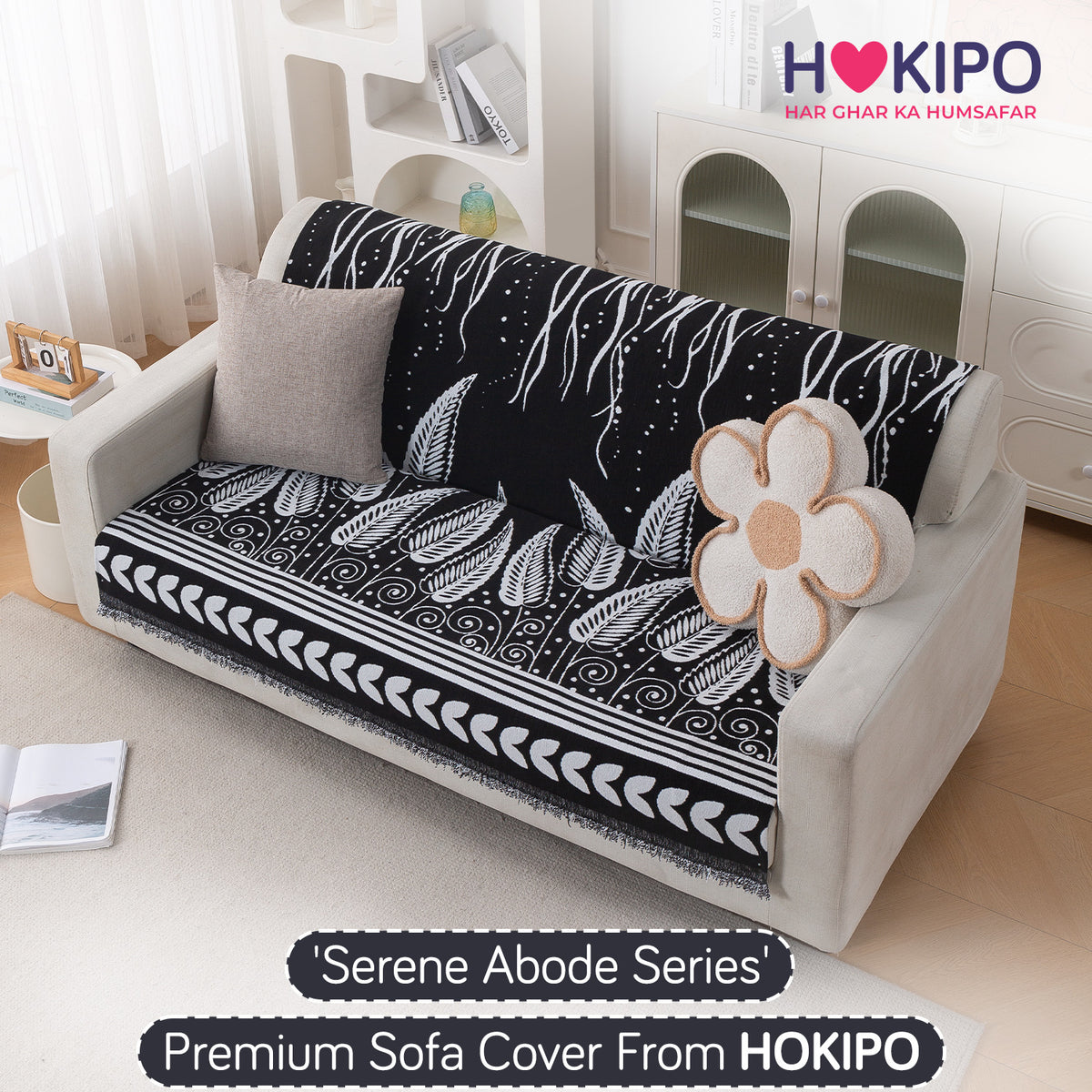 Premium 320 GSM Chenille Sofa Cover 'Serene Abode Series', Black Fern Tribal