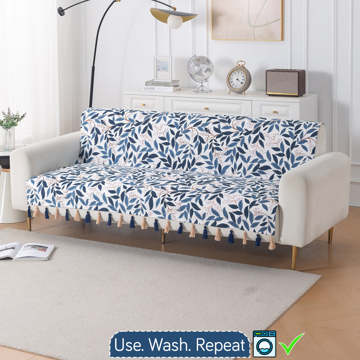 'Whispers of Nature' Series Holland Velvet Sofa Cover with Tassel, Indigo Foliage