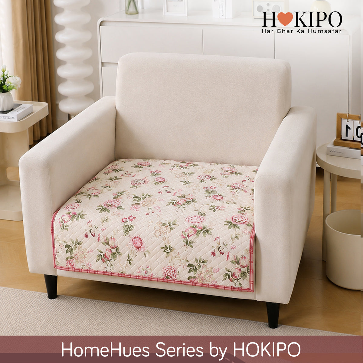 'Homehues' Printed Quilted Sofa Cover Mats, Beige Peonies