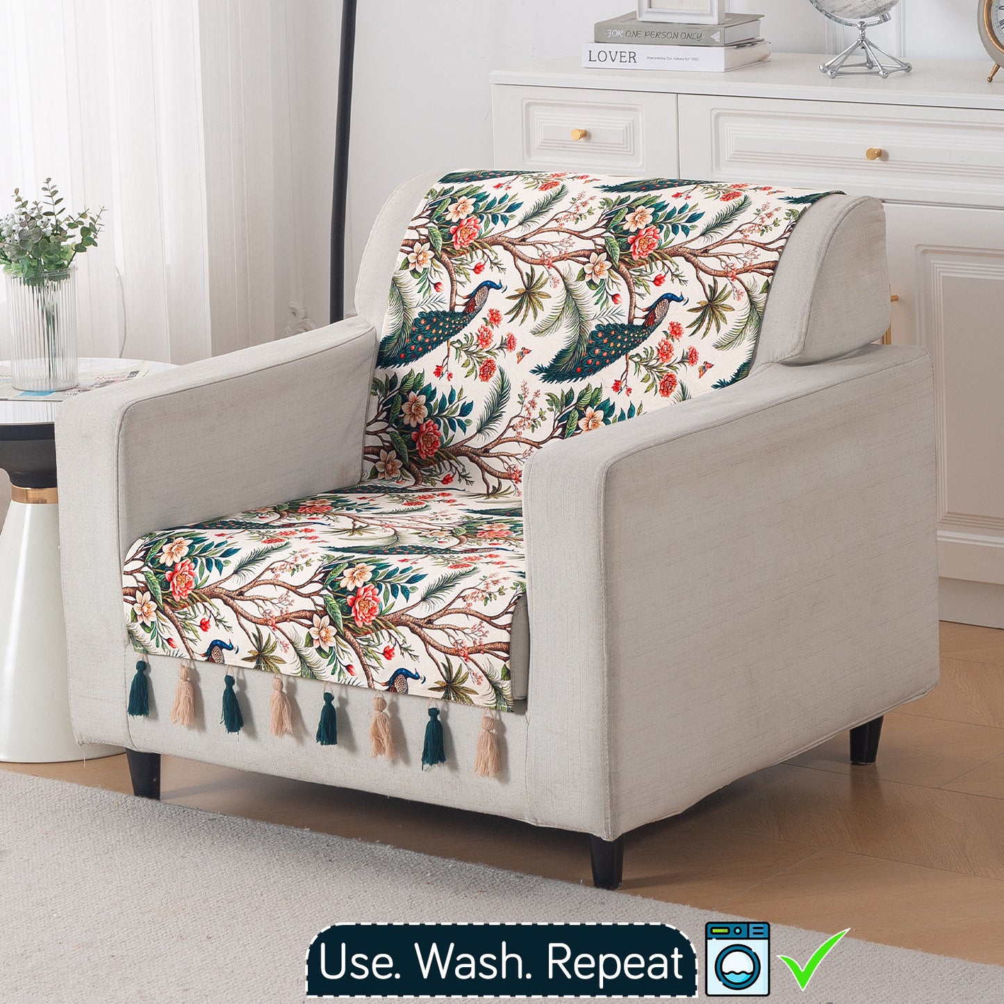 'Whispers of Nature' Series Holland Velvet Sofa Cover with Tassel, Multicolor Tropical Peacock