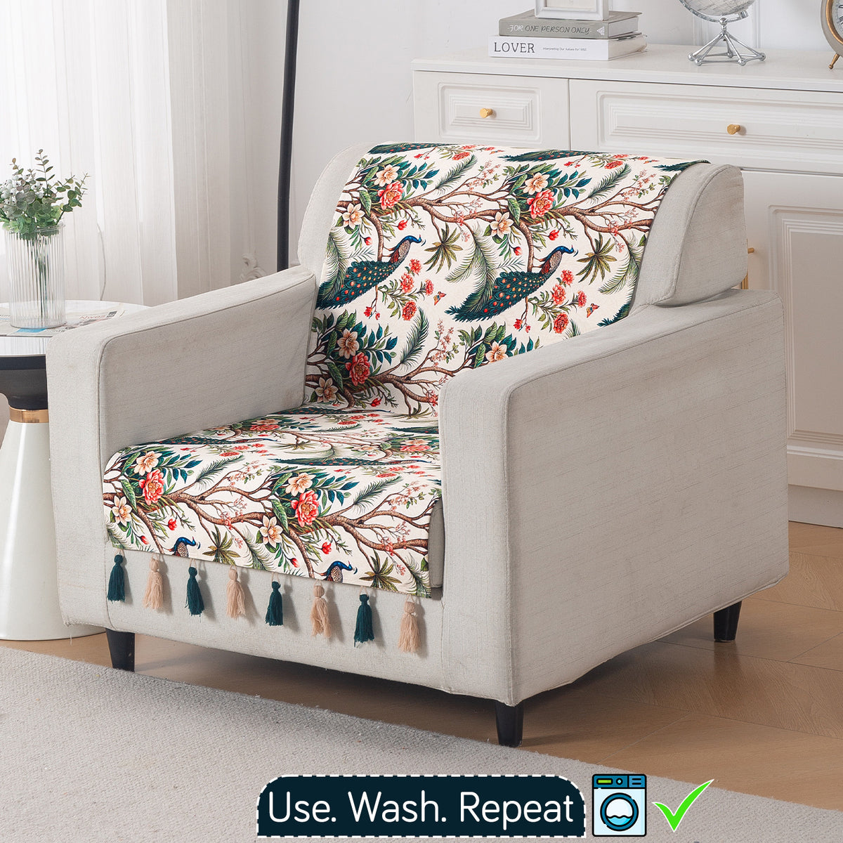 'Whispers of Nature' Series Holland Velvet Sofa Cover with Tassel, Multicolor Tropical Peacock