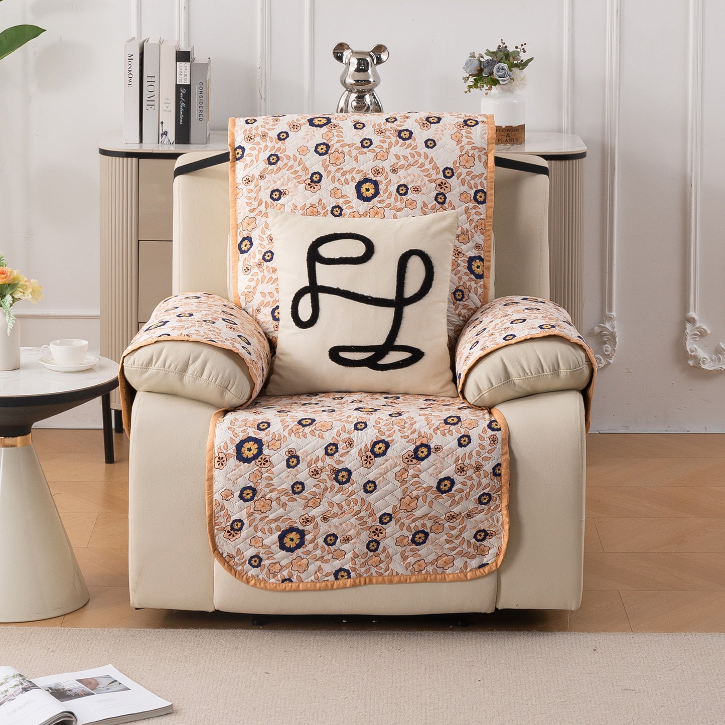 Quilted Cover for Recliner Sofa with SecureFit Belt & Side Pocket, Light Peach Candytuft