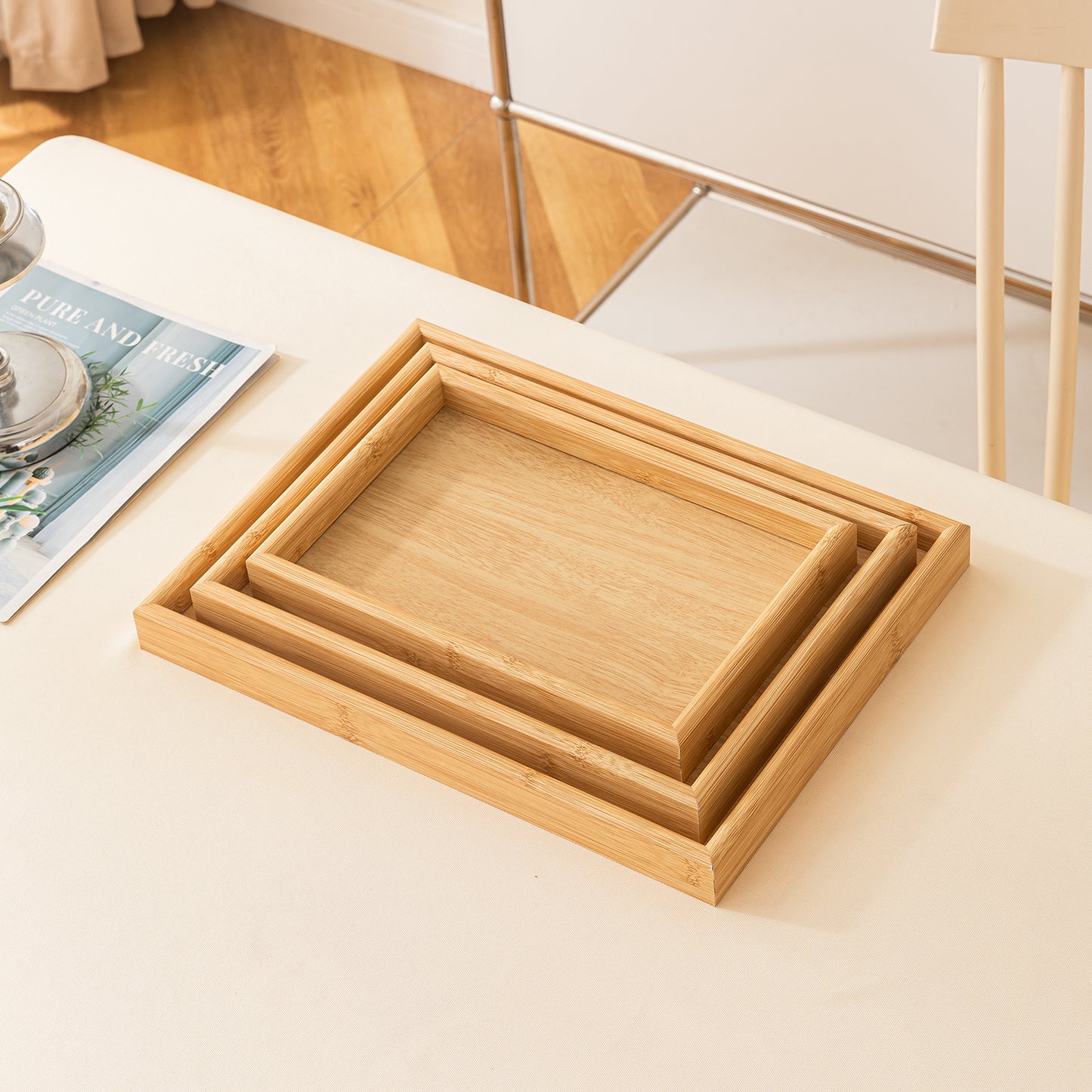 Wooden Serving Tray MDF Rectangular Eco-Friendly Trays Set of 3 – Natural Finish