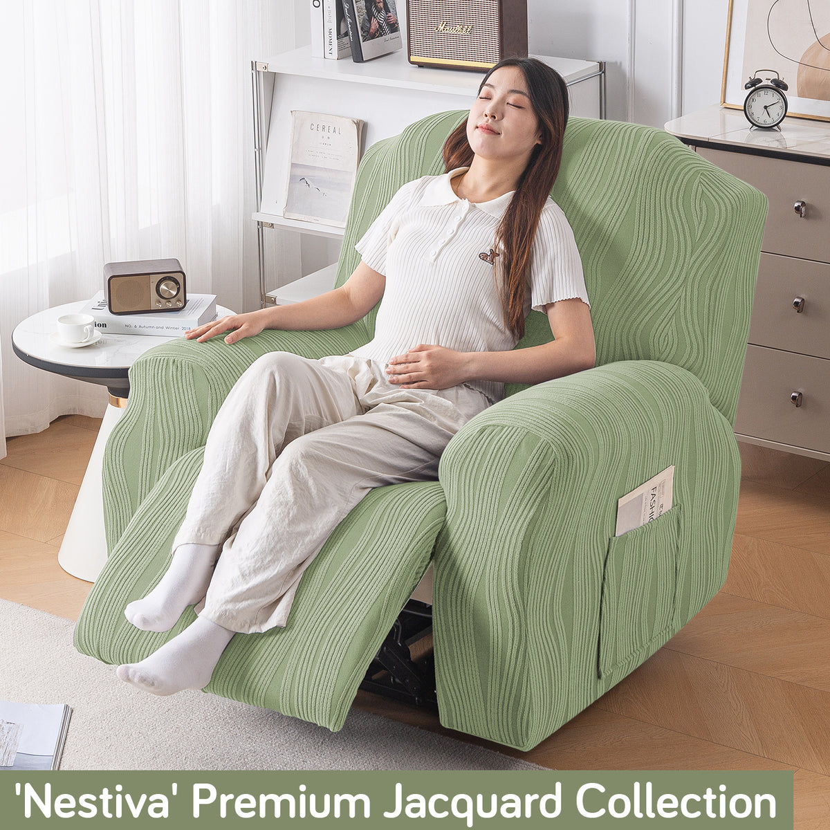 Buy Pastel Green Colour Nestiva series knitting jacquard recliner sofa cover​ - HOKIPO | Har Ghar ka Humsafar