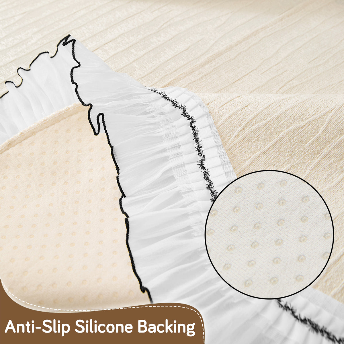 French Lace & Luxe with White Ruffle Edge Sofa Cover Mat, Pearl Sheen White
