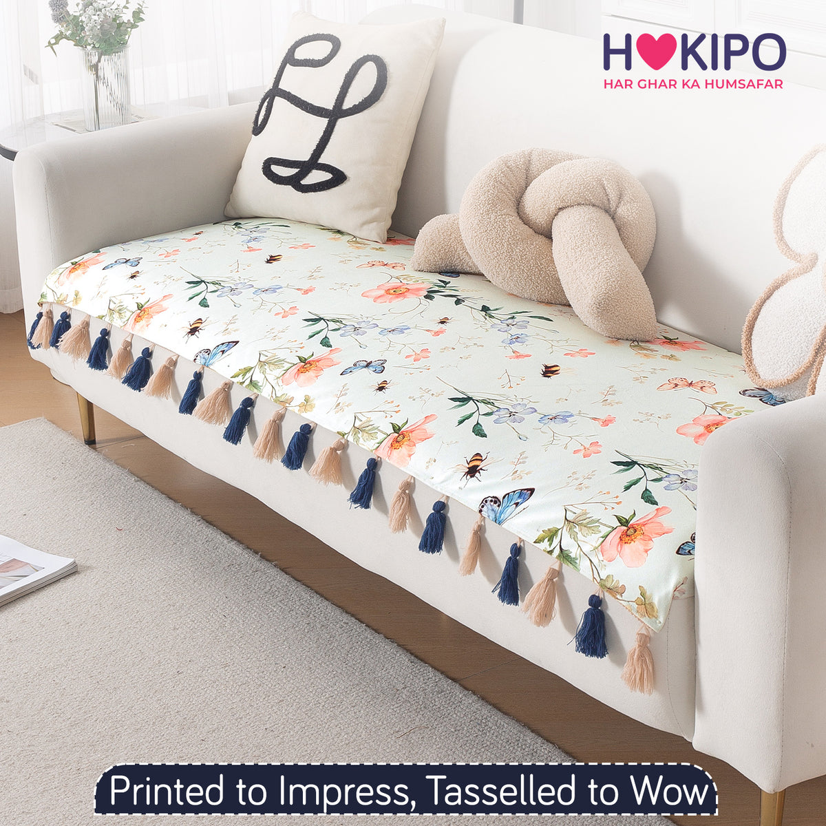 'Whispers of Nature' Series Holland Velvet Sofa Mat with Tassel, Pastel Butterfly Meadow