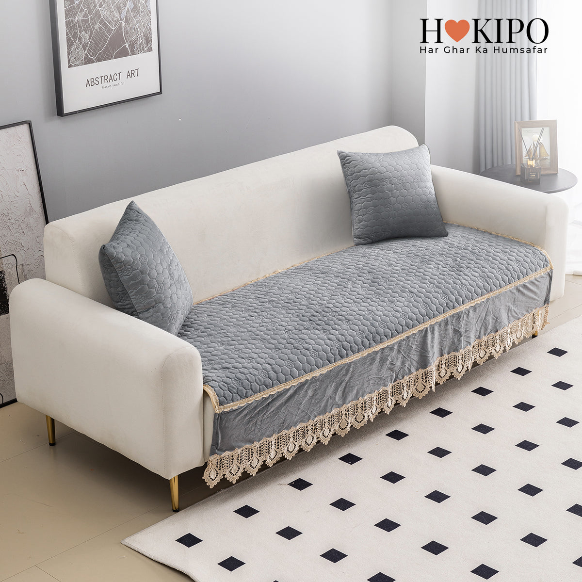 Dutch Noir Velvet with Lace Sofa Cover Mat, Light Grey