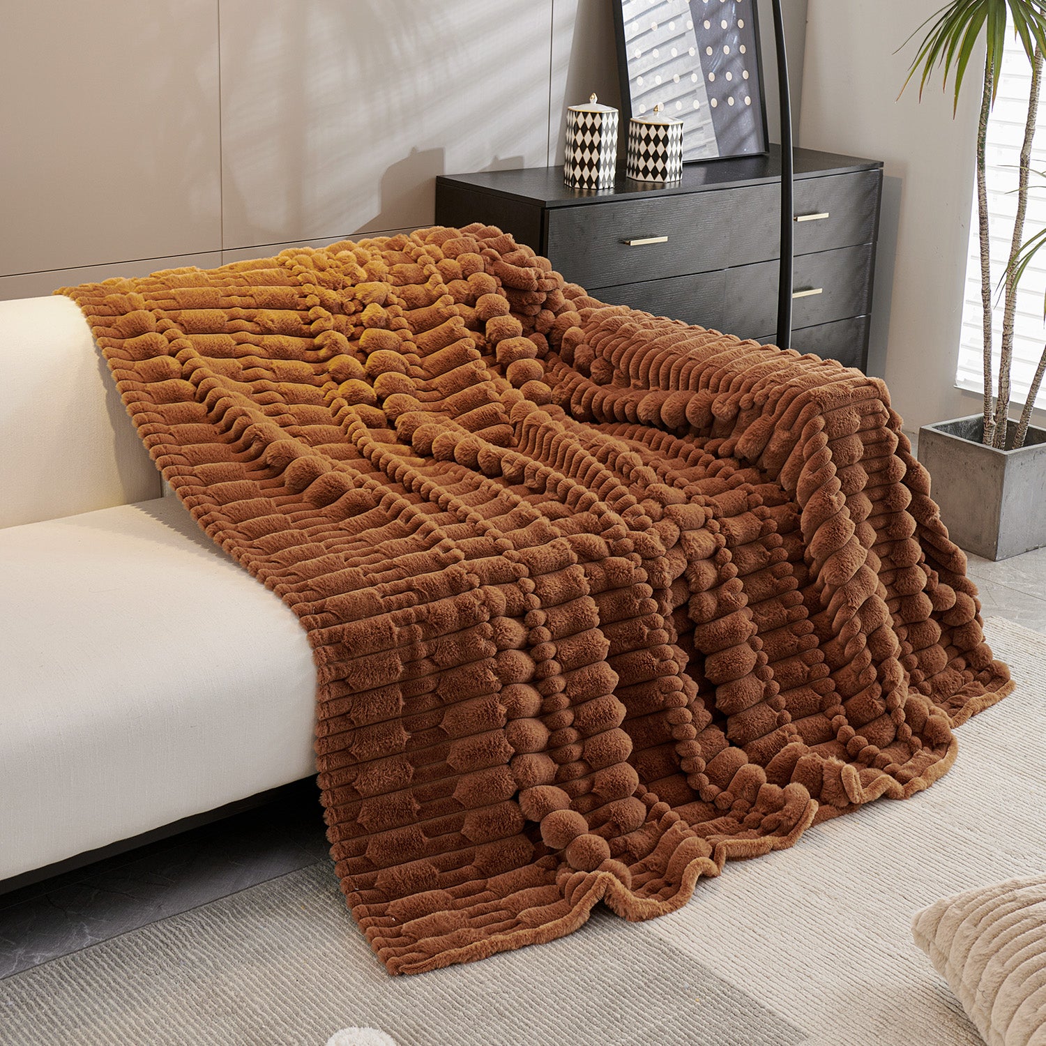 Luxury Waxy Faux Rabbit Fluffy Plush Sofa Throw, Russet Brown