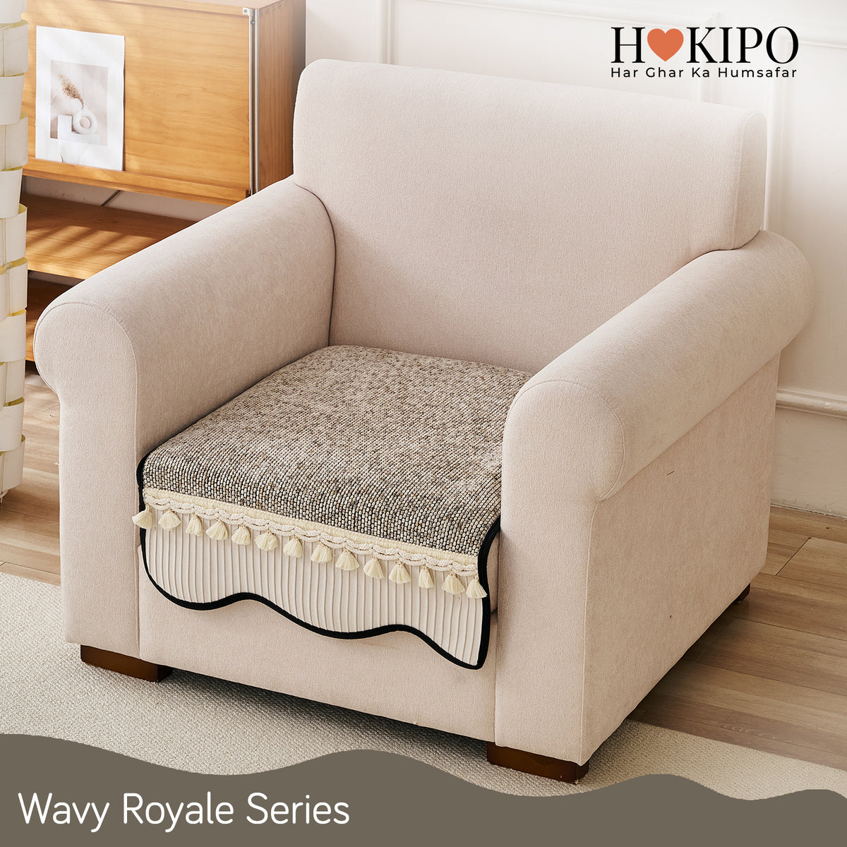 'Wavy Royale Series' Thick Woven Weave Chenille Sofa Cover with Tassel, Taupe Mist