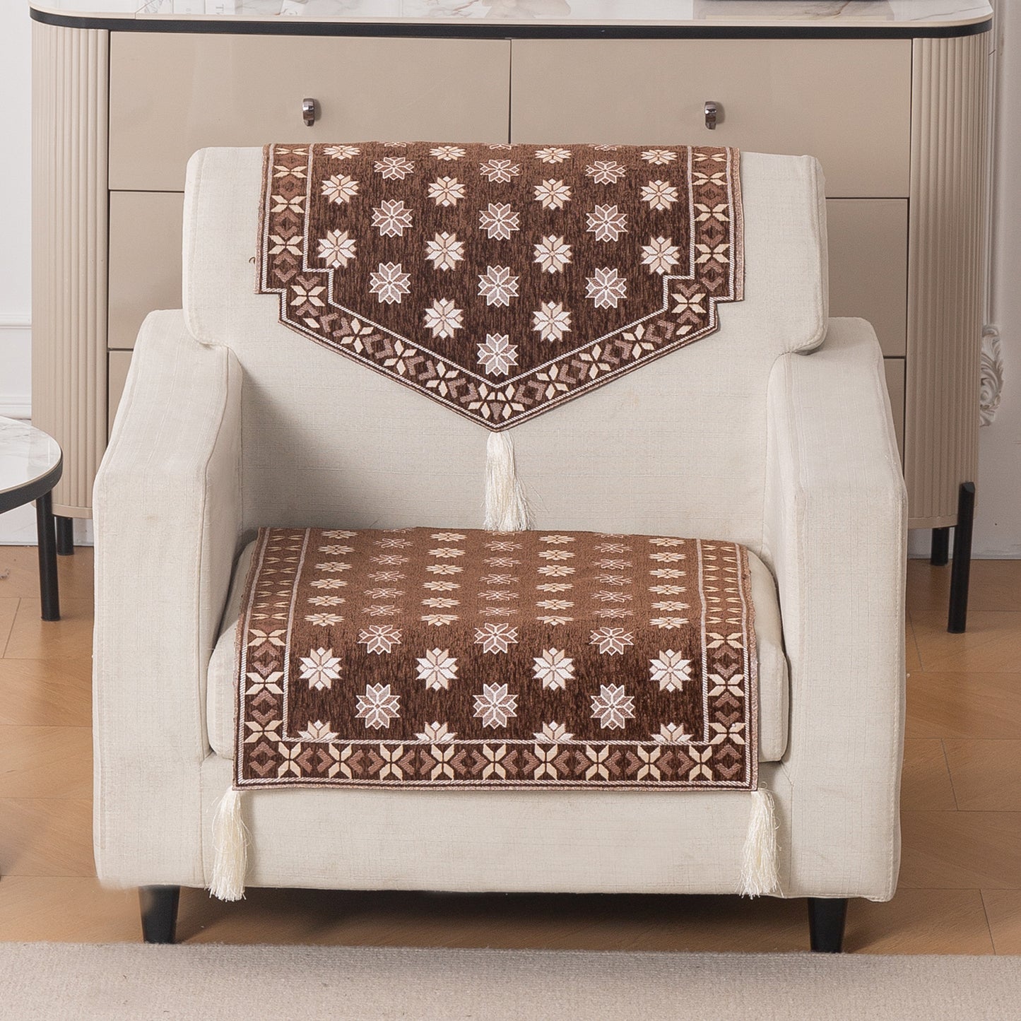 Heritage Weave Premium Jacquard Sofa Cover Set with Tassels - Russet Brown