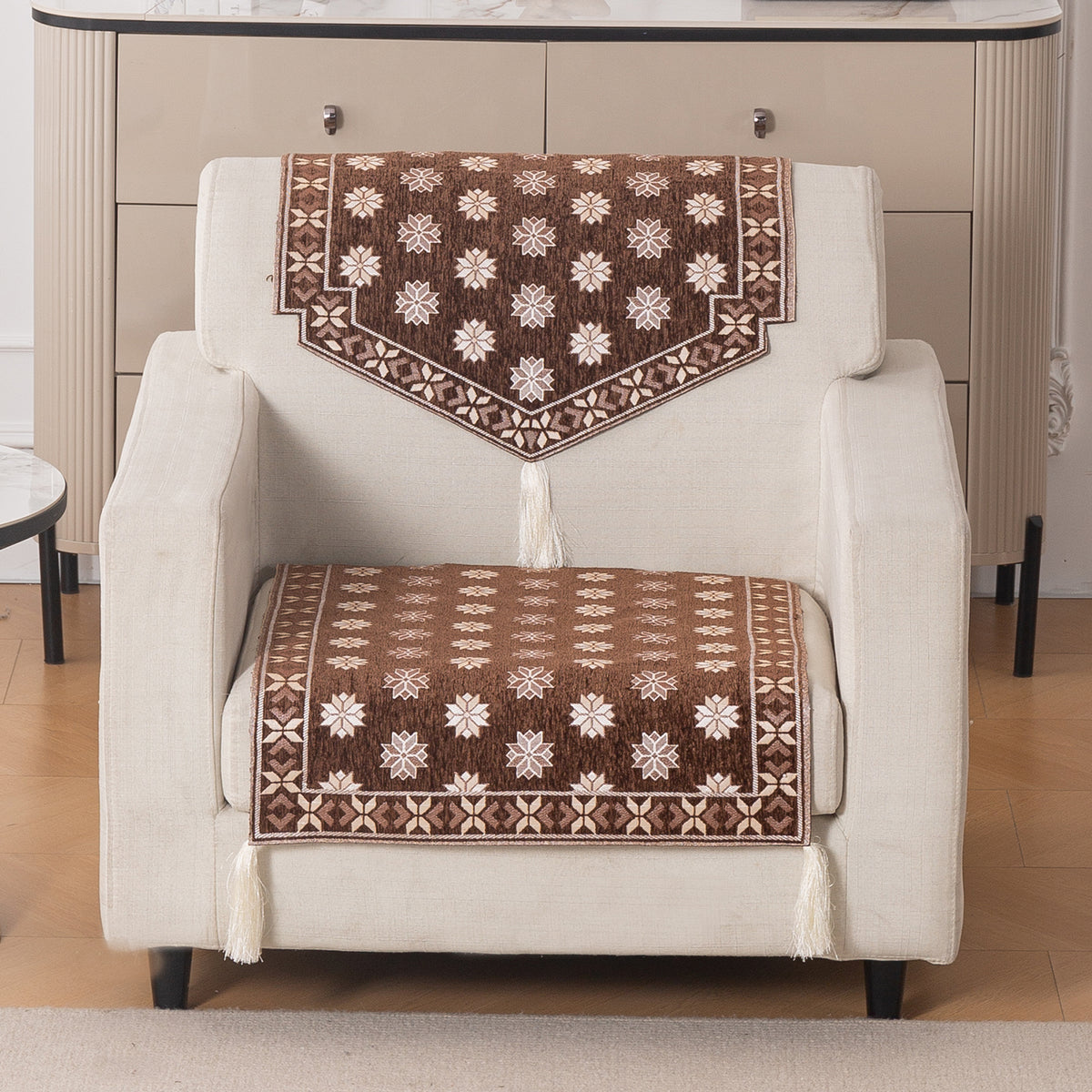 Heritage Weave Premium Jacquard Sofa Cover Set with Tassels - Russet Brown