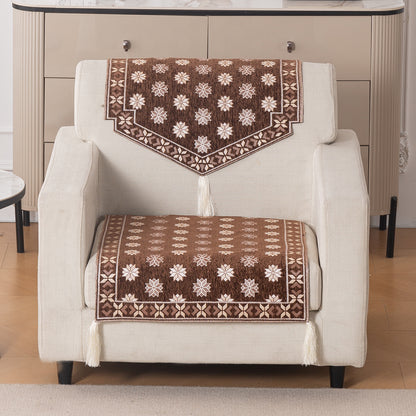 Heritage Weave Premium Jacquard Sofa Cover Set with Tassels - Russet Brown