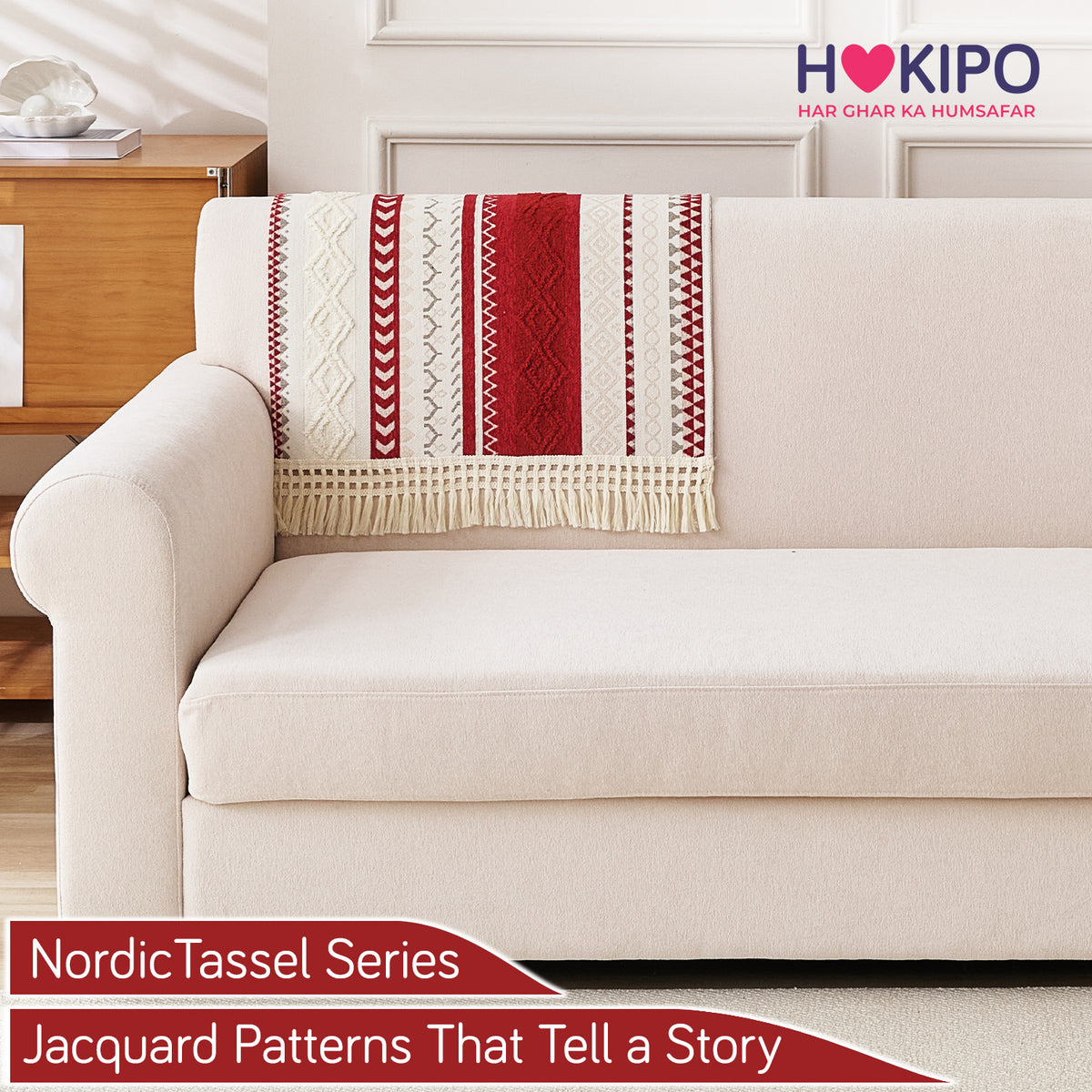 Nordic Boho Geometric Sofa Cover Mat with Tassel, 'Nordic Tassel Series'  Ruby Cream