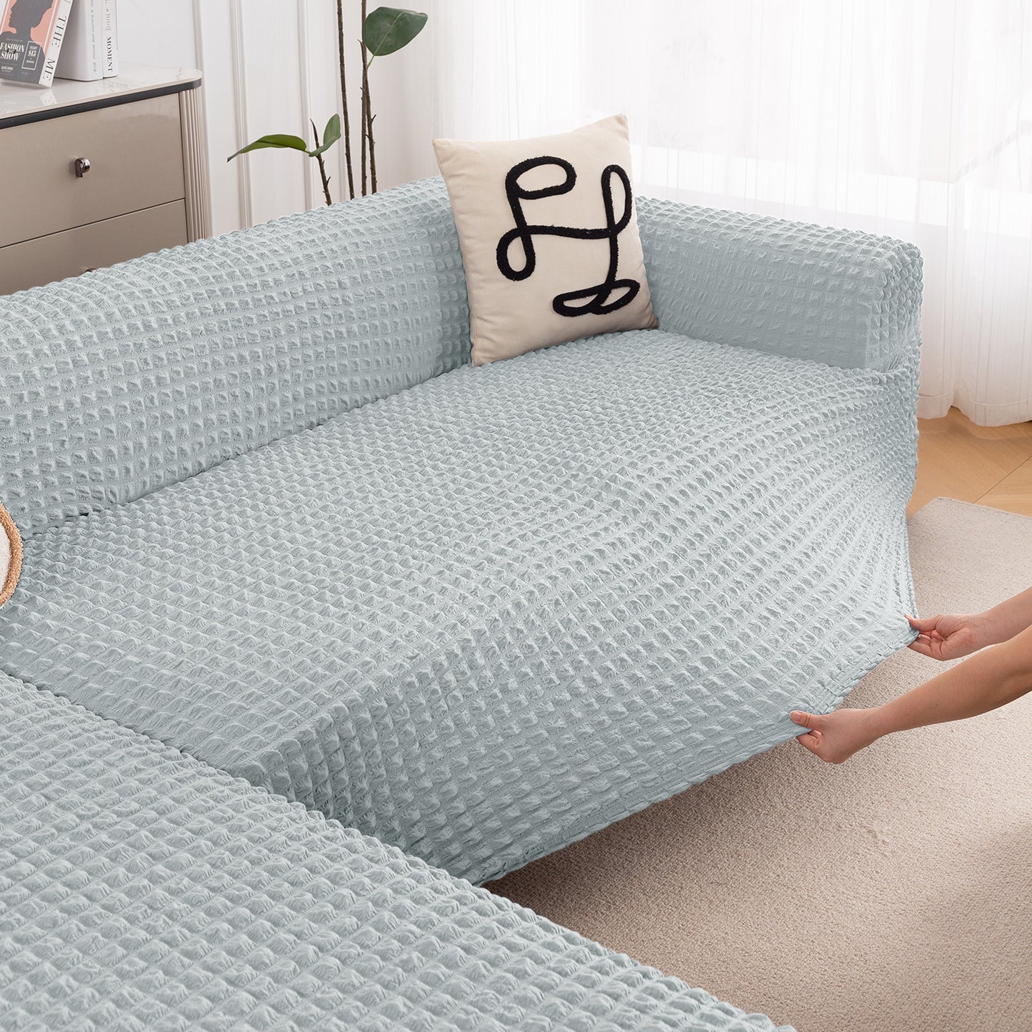 Aria Nova Bubble 2-Piece Stretchable L Shape Sofa Cover with Left Chaise, Light Grey