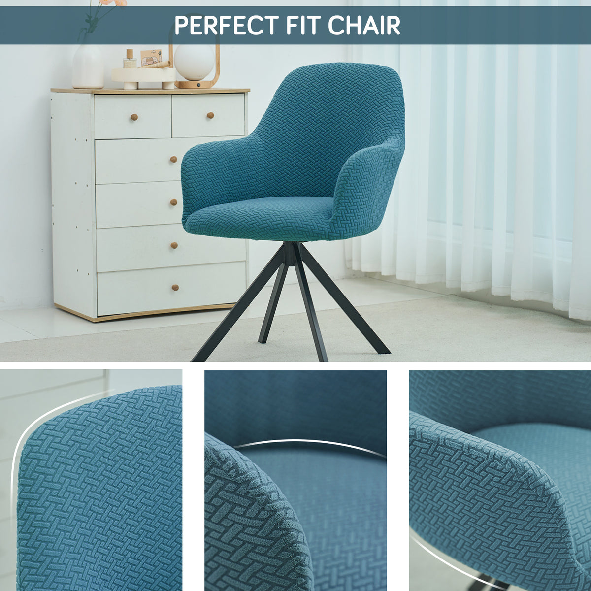 Premium Jacquard Fully Covered Cover for Swivel Dining Chair with Arms, Turquoise