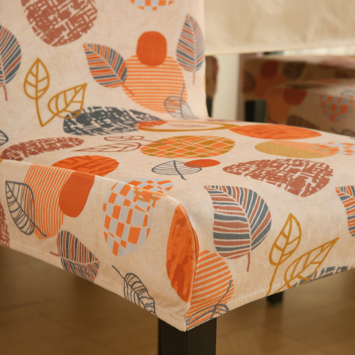Premium Printed Velvet Dining Chair Cover Set, Coral Autumn Leaves